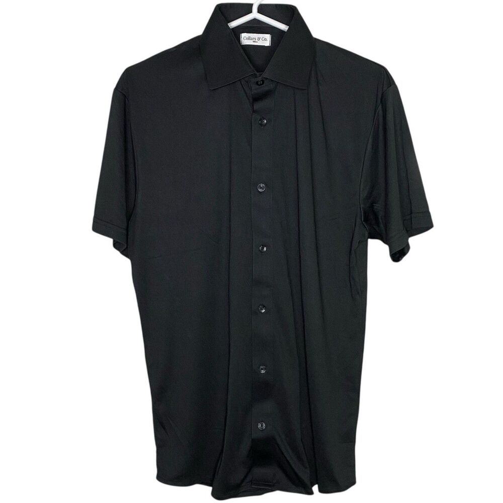 Collars & Co Polo Dress Shirt Mens Small Black Button Up Quattro Flex Office NEW